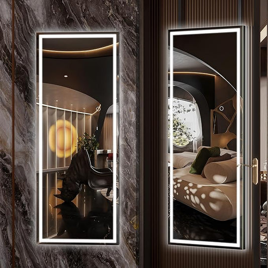 Hasipu LED Over Door Mirror Full Length, 44" x 15.8" Lighted Full Body Wall Mounted Mirror, Light Up Long Dressing Mirror, Square Black
