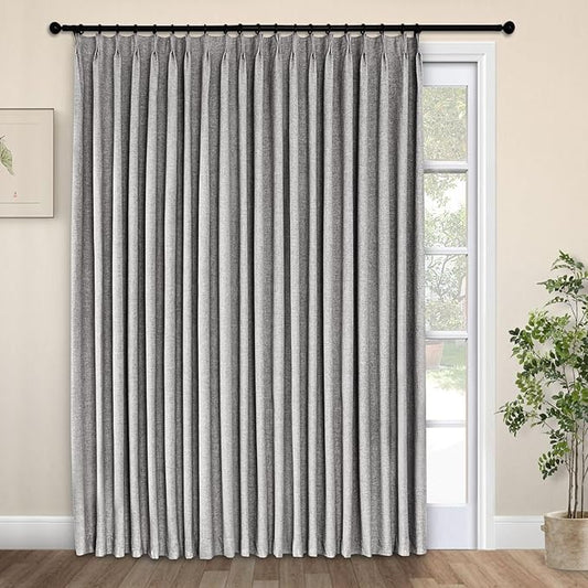 Macochico Pinch Pleated 100% Blackout Linen Curtains 120 Inch Width by 102 Inch Length, Thermal Window Drapes for Living Room Bedroom Nursery Farmhouse, Dark Grey Drapery with Tieback 1 Panel