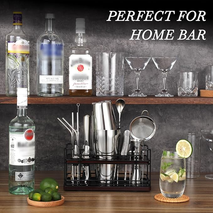 Boston Cocktail Shaker Set with Stand, 20-Piece Complete Bartender Kit for Home Bar Use, Essential Bar Set with 18oz & 28oz Tin Shaker, Bar Accessories and Recipes, Ideal for Parties & Gift Giving