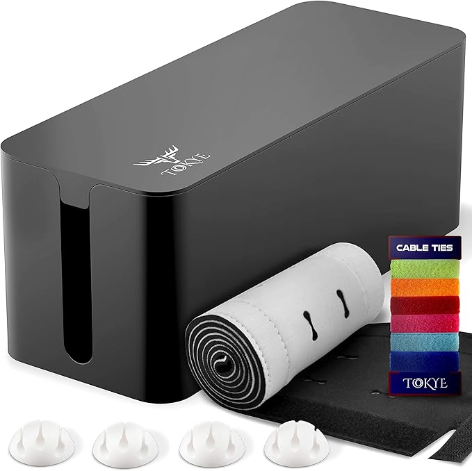 Large Cable Management Box, Cord Organizer Box to Hide Power Strip, Extension Cord, Surge Protector | Cord Hider Safe Box for Desk Organizers, Gaming PC, Computer, TV | White, Black Edition by Tokye®