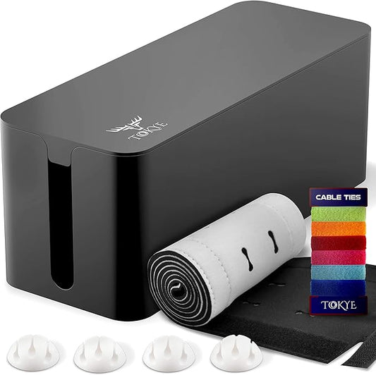 Large Cable Management Box, Cord Organizer Box to Hide Power Strip, Extension Cord, Surge Protector | Cord Hider Safe Box for Desk Organizers, Gaming PC, Computer, TV | White, Black Edition by Tokye®