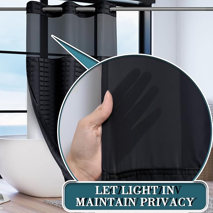 Conbo Mio Stall No Hook Shower Curtain with Snap in Liner Set, Hotel Luxury Black Shower Curtains for Bathroom with See Through Top Window, Waterproof, Washable 36W x 74H