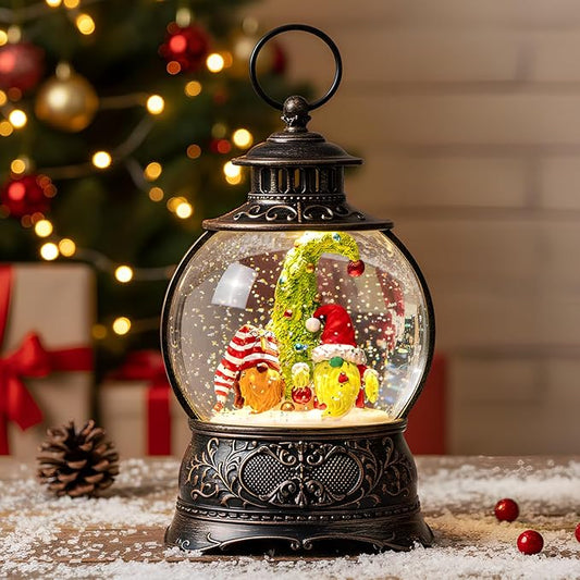 Christmas Snow Globe Lighted Gnomes Santa Elf Christmas Tree Scene, Musical Snow Water Lantern Swirling Glittering Home Decoration and Gift, Battery Operated or USB Powered