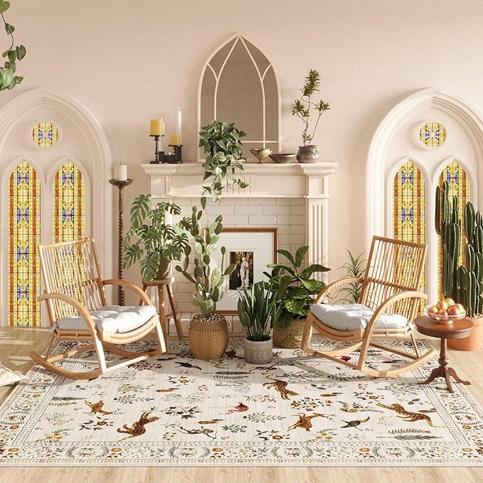 Rugcomf Living Room Rug 6x9 Rug Machine Washable Boho Area Rug Non Slip Floral Animal Vintage Low Pile Large Rug for Living Room, Bedroom, Farmhouse, Dining Room, Kids Playroom (Beige)