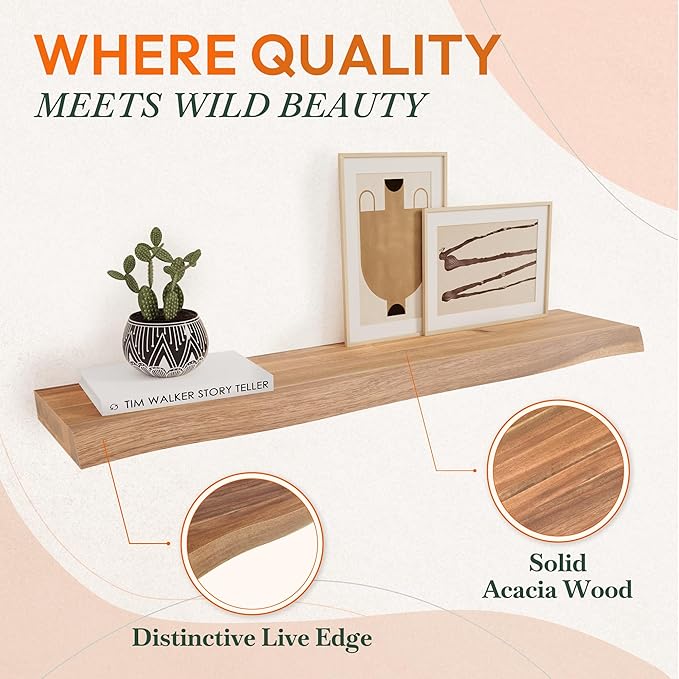 36" Acacia Live Edge Floating Shelves Set of 2 - Wall Mounted Wooden Shelf for Stylish Home Décor - Teak Look Color 36x7.5x1.5 Inches