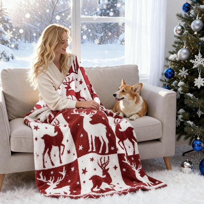 WRENSONGE Checkered Throw Blanket, Red Deer Pattern, Soft Cozy Fluffy Warm Hand Made Throw Blankets for Couch, Sofa, Chair, Bed, Camping, Picnic, Travel Lightweight Bed Blanket - 50"*60"