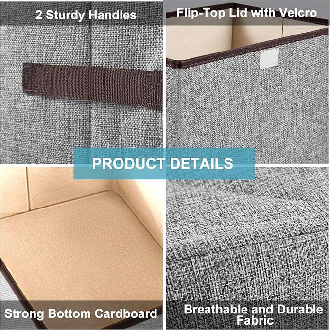 Linen Fabric Foldable Storage Cube Bin Organizer Basket with Flip-Top Lid & Handles, Large Clothes Blanket Box for Home, Office, Closet, Gray & Pink, 4 Pack 14.6 x 9.5 x 9.5”