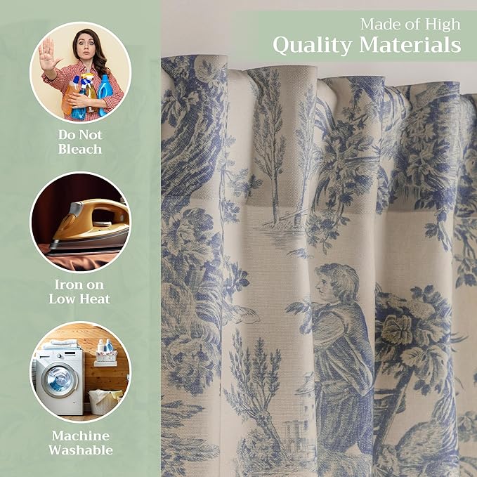 Maison d' Hermine Curtains for Living Room 100% Cotton 96 inch Length Two Panels Light Filtering Toile Curtains for Bedroom Windows with Rod and Loop Pockets Drapes (The Miller Blue, 50" W x 96" L)