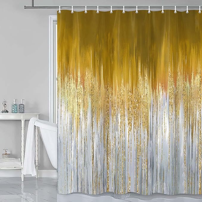 JAWO Abstract Blue Gold Shower Curtain, Marble Boho Ombre Minimalist Chic Art Shower Curtains, Modern Neutral Contemporary Striped Brush Strokes Tan Art Waterproof Bathroom Curtain with 12 Hooks