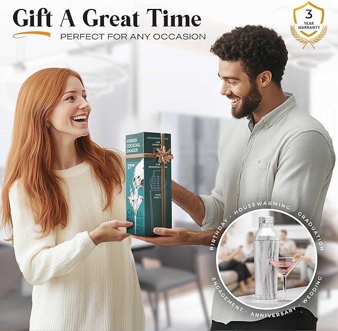 Insulated Cocktail Shaker Set | Double Wall Stainless Steel | Martini Shaker for Home Bar Bartending | Built-in Drink Measurement System & Strainer, Travel Bag, 35 Recipes | Gift Set (Marble)