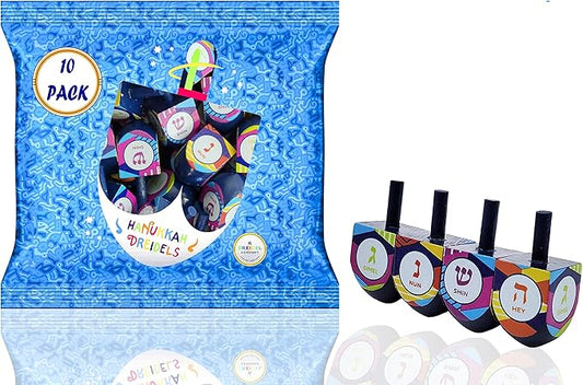 The Dreidel Company Multi Colored Hand Painted Wooden, The Hanukkah Game, Let's Play Dreidel (10-Pack)