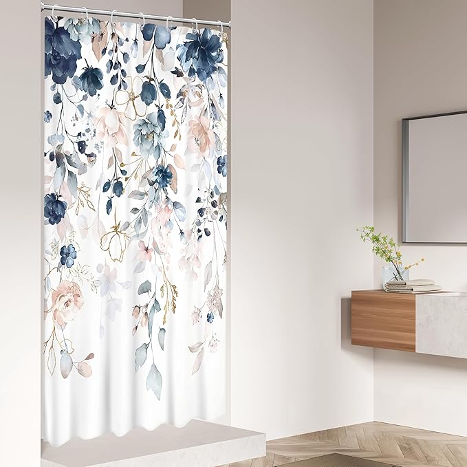 Small Stall Floral Shower Curtain RV Flower Blue Pink Watercolor Rustic Boho Eucalyptus Leaf Plant Half Bathroom Set Narrow Single Girl 36Wx72L Inch Bath Curtain Bathtub Accessories Home Decor