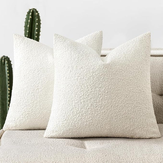 Woaboy Pack of 2 22x22 Inch Decorative Boucle Throw Pillow Covers Textured Pillows Accent Euro Solid Cozy Soft Cushion Covers Christmas Home Decor for Bed Sofa Couch Living Room,White