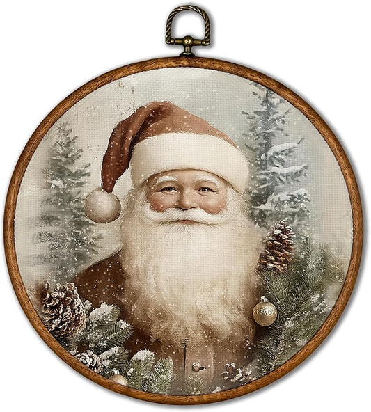 KSDUT Vintage Santa Claus Wall Decor Art - Retro Christmas Wall Art Canvas Frame Hanging Prints, Merry Christmas Xmas Holiday Round Wall Art Decor for Home Farmhouse Decorations 10"x10"