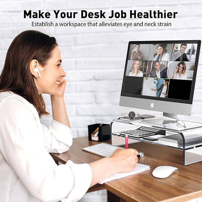 AboveTEK 2-Tier Acrylic Monitor Stand, Computer Riser for Home Office, Clear Monitor Riser for Keyboard Storage, 18.9" x 8.7" Multi Monitor Desk Stand for iMac Multi-Media Laptop Printer TV