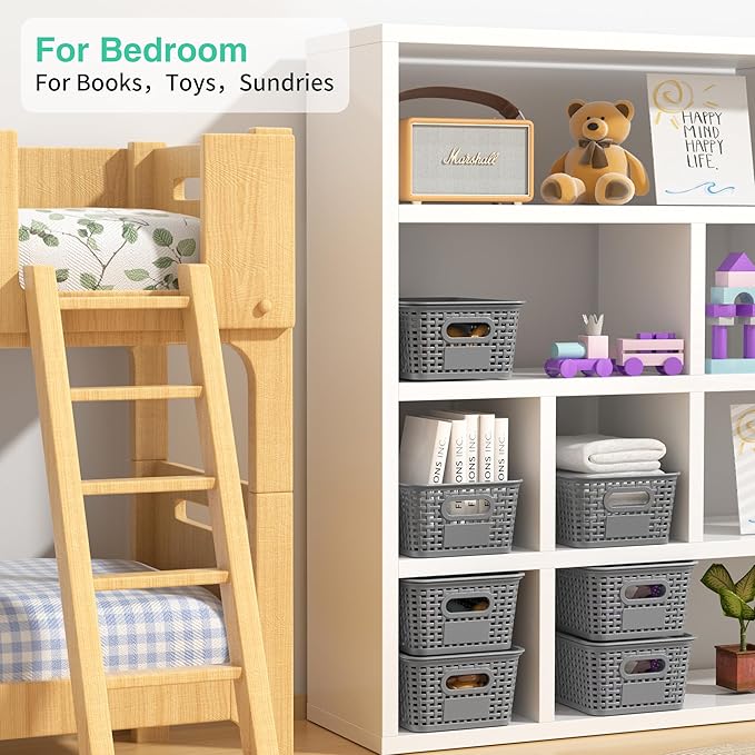 8-Pack Grey Plastic Storage Baskets with Lids, Label Organizers, Stackable Organizer Containers: For Organizing Shelves, Drawers, Desk Closets, Playrooms, Classrooms, Offices