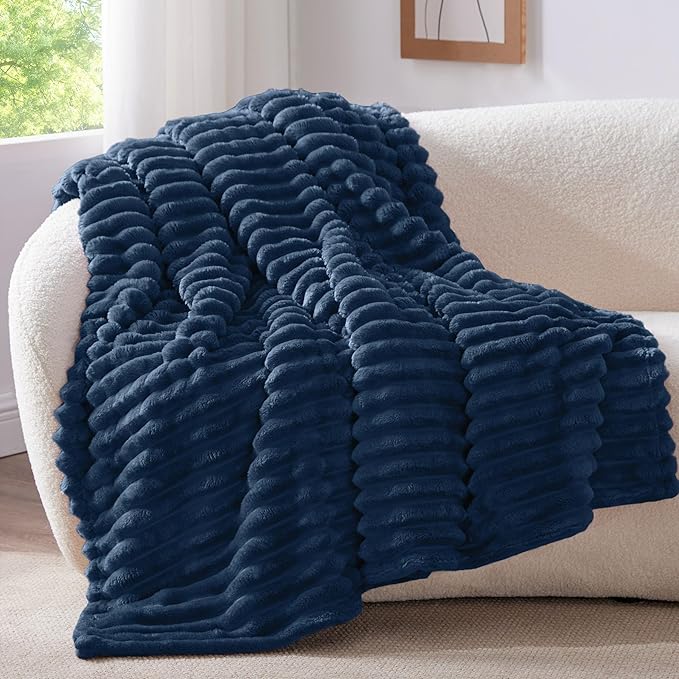 BEDELITE Fleece Throw Blanket for Couch - 300GSM Soft & Warm Fluffy Navy Blanket, Decorative and Giftable Striped Blankets for Women, Men, 50"x60"