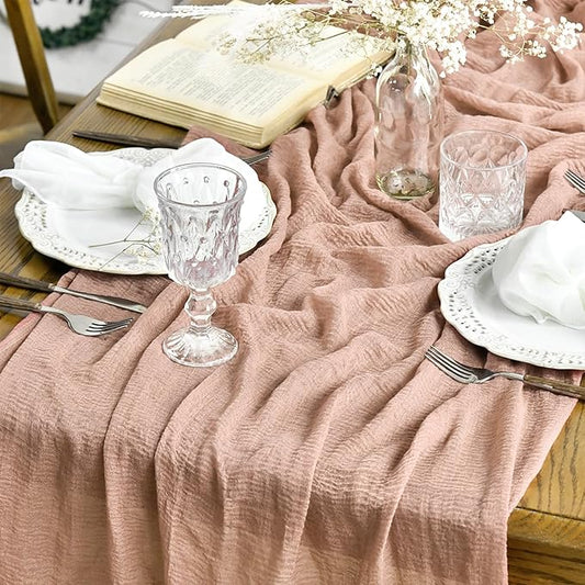 Artoid Mode Boho Cheesecloth Gauze Peach Powder Wedding Table Runner, 120 Inch Seasonal Christmas Winter Fabric Kitchen Dining Holiday Table Decor for Home Party Indoor