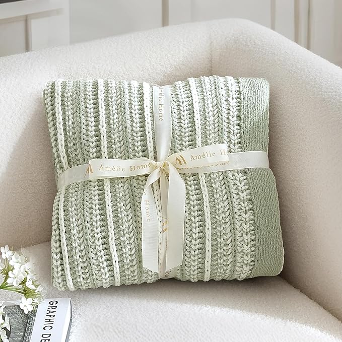 Amélie Home Striped Knit Throw Blanket for Couch, Dual-Sided Soft Chenille Decorative Blankets for Sofa & Chair, 50"x60", Sage Green & White