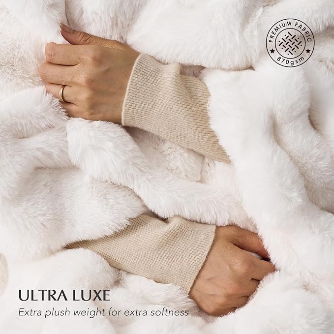 EverGrace Ultra Soft Luxury Fluffy Faux Rabbit Fur Throw Blanket, Thick Warm Bubble Throw for Bed, Cozy Plush Reversible Blankets for Couch, Chair, Sofa, Ivory White, 60x80 Inches