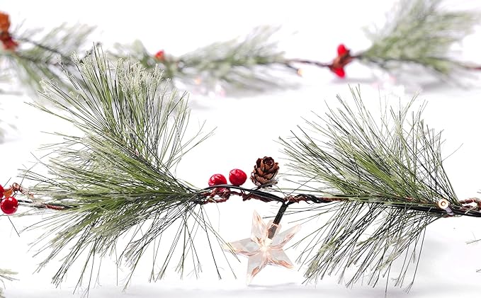 6ft Christmas Smokey Pine Garland with Lights and Stars,Battery Operated Garland with Timer,Christmas Decorations for Fireplace Home Stair Railing Outdoor Holiday Decor