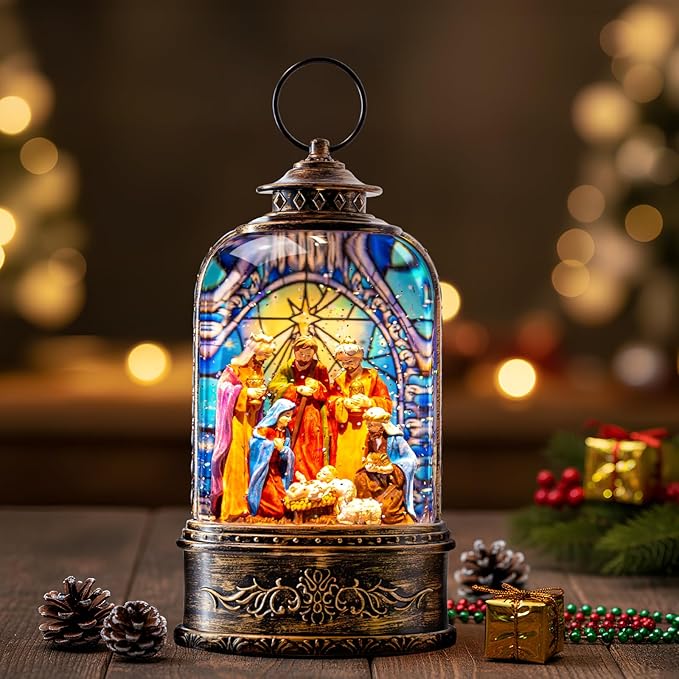 10.3" Christmas Snow Globe Water Lantern with Nativity Scene Battery Operated or USB Powered Musical Lighted Holiday Decoration for Tabletop Display for Family and Friends