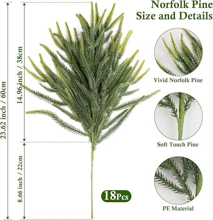 N&T NIETING 24in Christmas Norfolk Pine Branches Pine Artificial Christmas Branches Real Touch Faux Norfolk Pine Stems for Xmas Indoor Outdoor Home Decor DIY Crafts (18 Pcs)