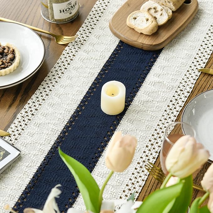Artoid Mode Dark Blue Farmhouse Rustic Table Runner, Seasonal Holiday Hollow Kitchen Dining Table Decoration for Home Party Decor 12x48 Inch