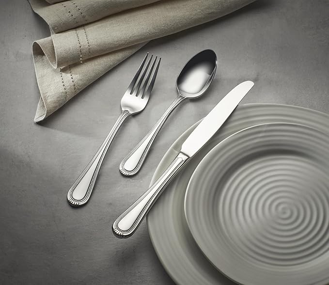 Oneida Silverware Set For 8, Countess 45-Piece Everyday Flatware Set with Serving Utensils, Service For 8, Bead Pearl, 18/0 Stainless Steel, Dishwasher Safe,Knives Spoons & Forks Set (Silver 45 Piece)