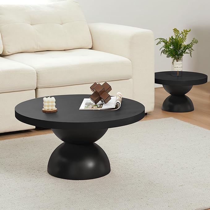 Solid Wood Round Nesting Coffee Table Set of 2, Circle Accent Tables with Unique Semi-Circular Legs, Mid Century Modern Side End Table Set for Small Space Living Room Office (Black)