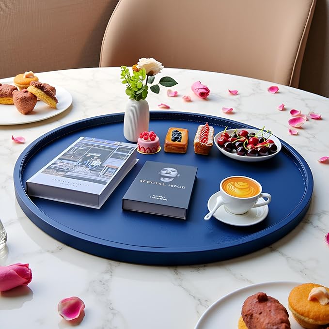 30-inch Round Ottoman Serving Tray - Textured PU Leather Coffee Table Decor, Waterproof Heat-Resistant Large Organizer for Home, Office, Bed & Party Essentials (Navy Blue, 30)