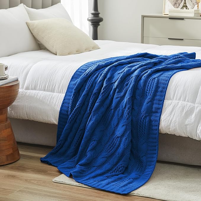 Amélie Home Chunky Knit Throw Blanket, Dual-Sided Soft Chenille Breathable Cable Knitted Blanket for Couch, Farmhouse Decorative Throw for Sofa & Chair, 50"x60", Blue