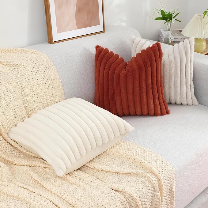 decorUhome Faux Fur Throw Pillow Covers 20x20 Set of 2, Decorative Soft Plush Striped Neutral Couch Euro Pillow Covers with Velvet Back for Sofa, Bed, Living Room Home Decor, Beige