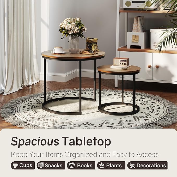 Nesting Tables Set of 2, Round Coffee Table, Small Nesting Coffee Table with Adjustable Non-Slip Fee, Wood Grain Top Nesting Tables for Living Room, Bedroom (Wood Grain Brown)