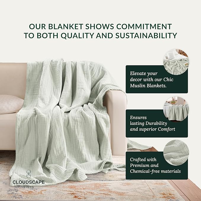 Cloud Scape Linen Extra Large 4 Layer Muslin Throw Blanket - 100% Cotton Gauze, Lightweight & Breathable All Season, Pre-Washed, for Couch & Bed, 50x70, Seafoam Green