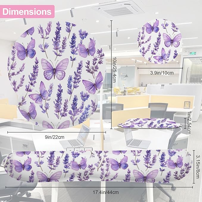 Lavender Butterfly Mouse Pad with Wrist Rest and Keyboard Wrist Rest Set, Non-Slip Rubber Base Memory Foam Mouse Pad Set for Women, Office Desk Accessories, Gaming