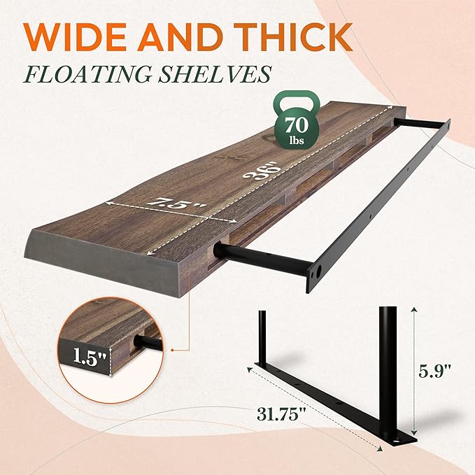 36" Acacia Live Edge Floating Shelves Set of 2 - Wall Mounted Wooden Shelf for Stylish Home Décor - Dark Walnut Color 36x7.5x1.5 Inches