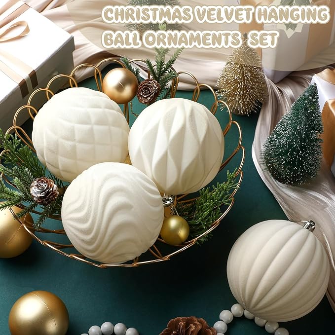 4 Pcs 4 Inch Large Velvet Christmas Ball Ornaments Vintage Christmas Plastic Ball Ornaments Flocked Tree Hanging Decoration for Xmas Party Wedding Home Decor(Beige)
