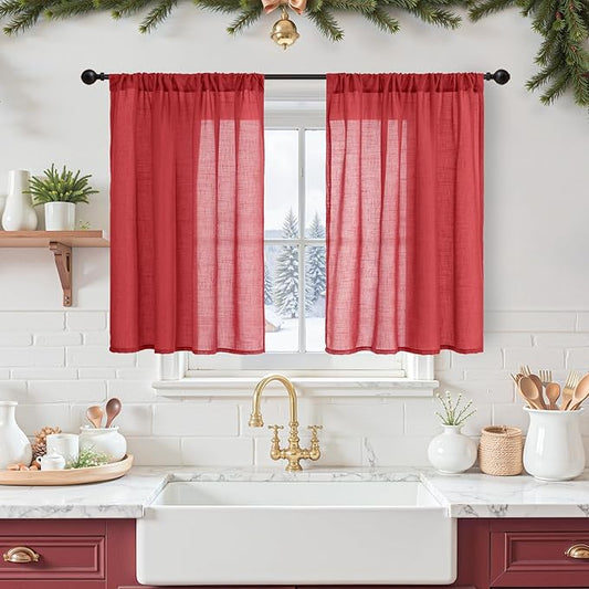 BGment Semi Sheer Curtains 36 Inch Length for Short Kitchen Window, Red Linen Small Drapes Lightweight Rustic Textured Rod Pocket Christmas for Bathroom Cafe Over Sink, 2 Panels Set, Each 42 Inch Wide