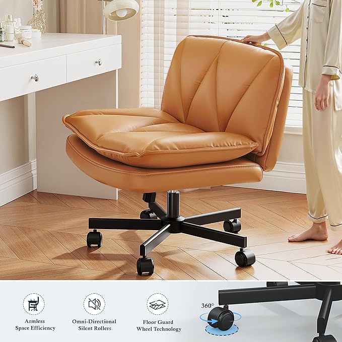 Armless Criss Cross Chair with Wheels, Leather Cross Legged Office Chair with 2-Layer Cushion,Swivel Modern Home Office Desk Chair 25.5" Wide Seat Height Adjustable,Vanity Chairs,Orange