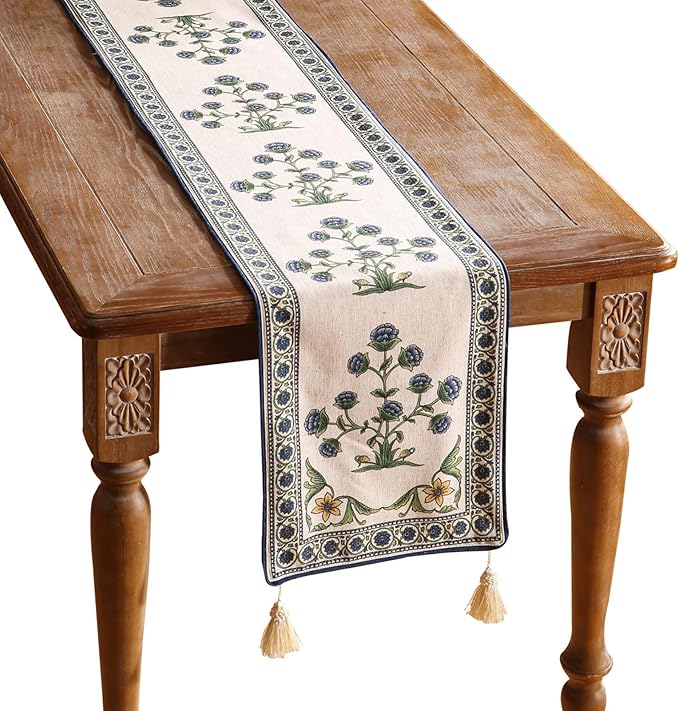 patdrea Designer Blue Rustic Elegant Floral Patterned Linen Table Runner 102 Inch Long,Wrinkle Resistant Table Mat,Decoration for Kitchen Dining and Coffee Tables Banquet Christmas ,12"x102"