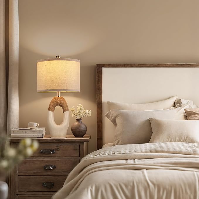 Set of 2 Boho Rattan Table Lamps,21" Farmhouse Rustic Lamps for Bedroom Night Stands,Washed White Resin Bedside Lamps with Linen Shades for Living Room Coastal Beach Decor(Bulbs Not Included)