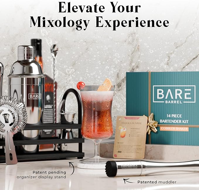 BARE BARREL® Mixology Bartender Kit Bar Set | 14-Piece Cocktail Shaker Set | Martini Barware Mixing Tools for Home Bartending | 35 Recipe Cards | Gift Set (24oz Cobbler Shaker, Silver/Black)