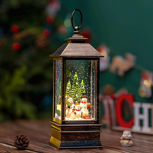 10.4" Christmas Snow Globe Water Lantern with Snowman Family Sledding Scene Battery Operated or USB Powered Musical Lighted Holiday Decoration for Tabletop Display for Family and Friends