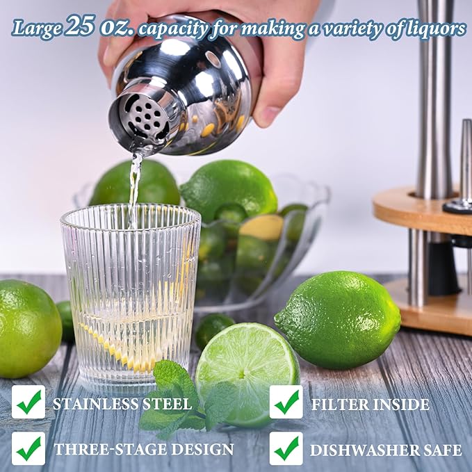 Cocktail Shaker Set, 19 Piece Bartender Kit, Silver, Bar Tool Set with Cocktail Shaker, Mixer Spoon, Measuring Cup, Strainer, Muddler, Corkscrew, Tongs