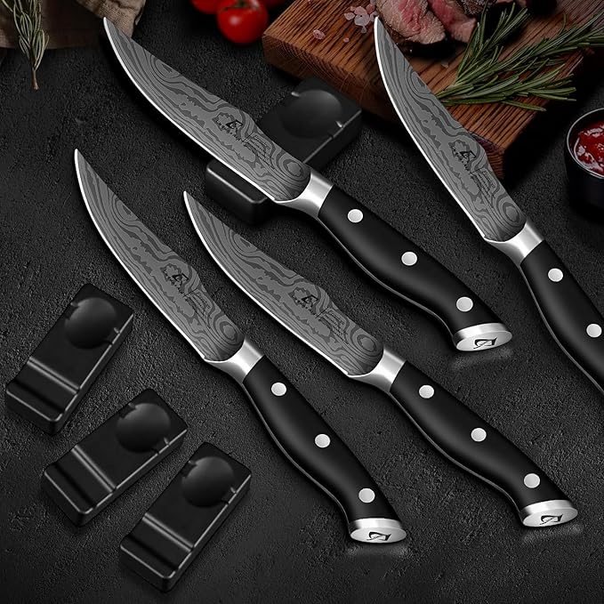 Steak Knives Set of 4, 4.8 Inch Fine-Edge Super Sharp Table Knives with Rest, Premium Germany Stainless Steel Ergonomic Handle, Elegant Black Ideal for Gift