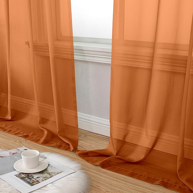 Aiyufeng Orange Sheer Curtains 84 Inches Long 2 Panels Set, Light Filtering Soft Airy Voile Rod Pocket Orange Sheer Window Drapes for Bedroom Living Room, Each 40Wx84L Inches