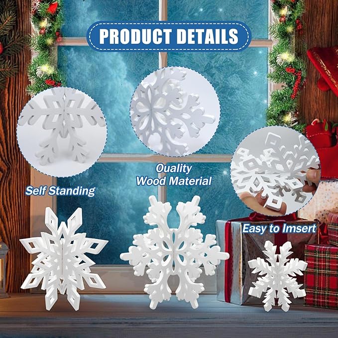 48 Pcs Wooden Snowflakes Table Decor 3D Snowflake Tabletop Signs Centerpiece for Christmas Xmas Winter Wonderland Decorations Home Party(White)