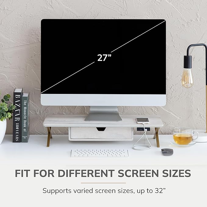 Anji Mountain Monitor Stand - Desktop Organizer & Laptop Riser, Ergonomic Monitor Riser, Space-Saving Monitor Stand for Desk, Durable Construction, Easy Assembly, Ideal for Home & Office,White Wash
