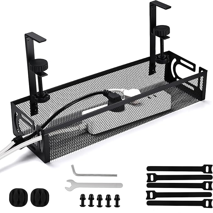 Under Desk Cable Management Tray with No Drill Installation, Power Strip Holder & Wire Organizer Storage Rack for Desk, Office, Home (L-Black)